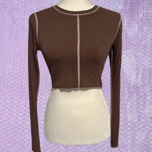 Garage Brown Ribbed Long Sleeve Crop Top